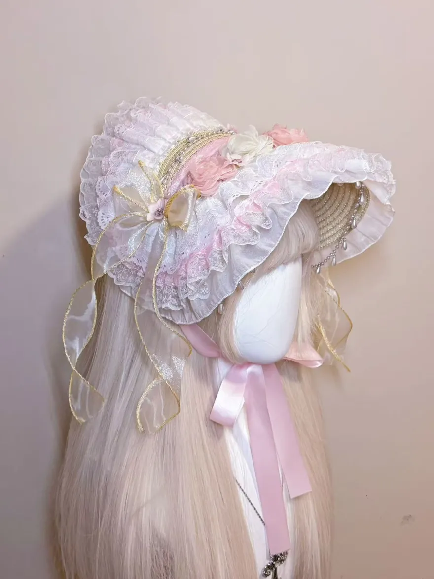 Bonnet Lolita accessoire de coiffure bandeau à fleurs rose clair chapeau