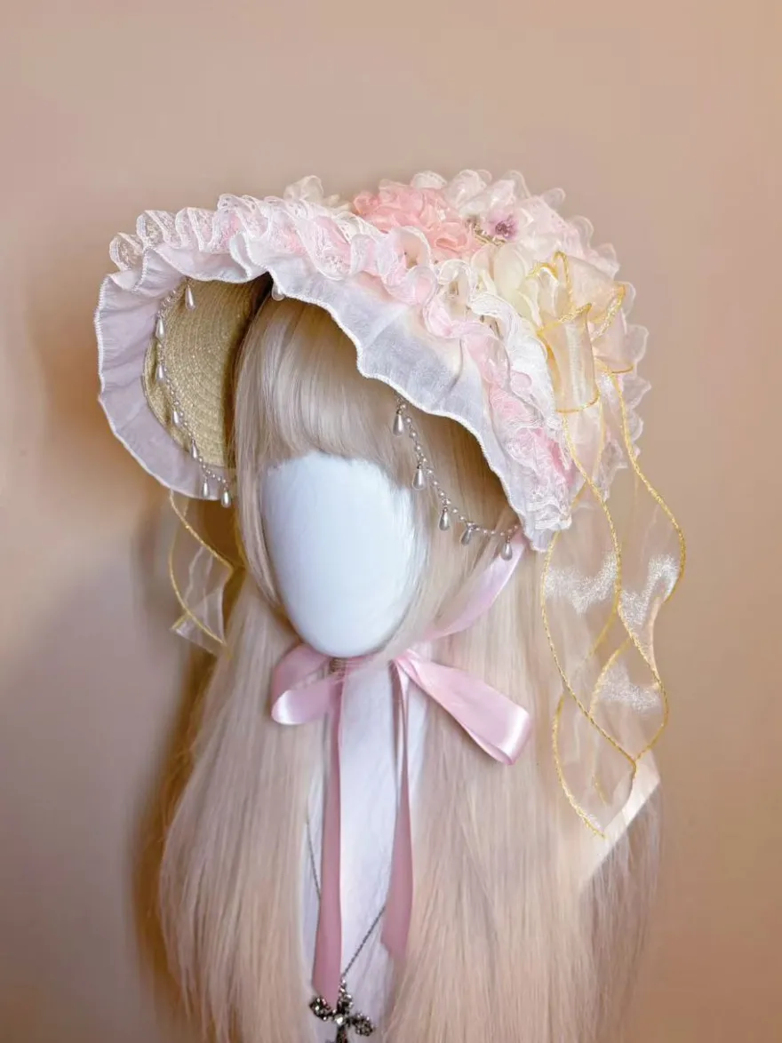 Bonnet Lolita accessoire de coiffure bandeau à fleurs rose clair chapeau