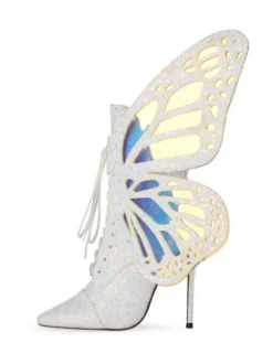 Botines femme bleue pailletes bout pointu talon haut à zip à lacet en forme de papillon ailes amovibles