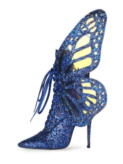 Botines femme bleue pailletes bout pointu talon haut à zip à lacet en forme de papillon ailes amovibles