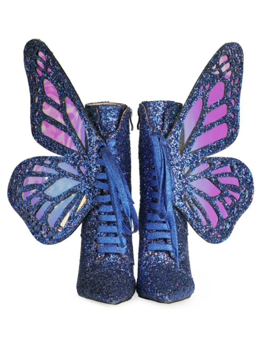 Botines femme bleue pailletes bout pointu talon haut à zip à lacet en forme de papillon ailes amovibles