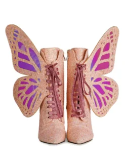 Botines femme bleue pailletes bout pointu talon haut à zip à lacet en forme de papillon ailes amovibles