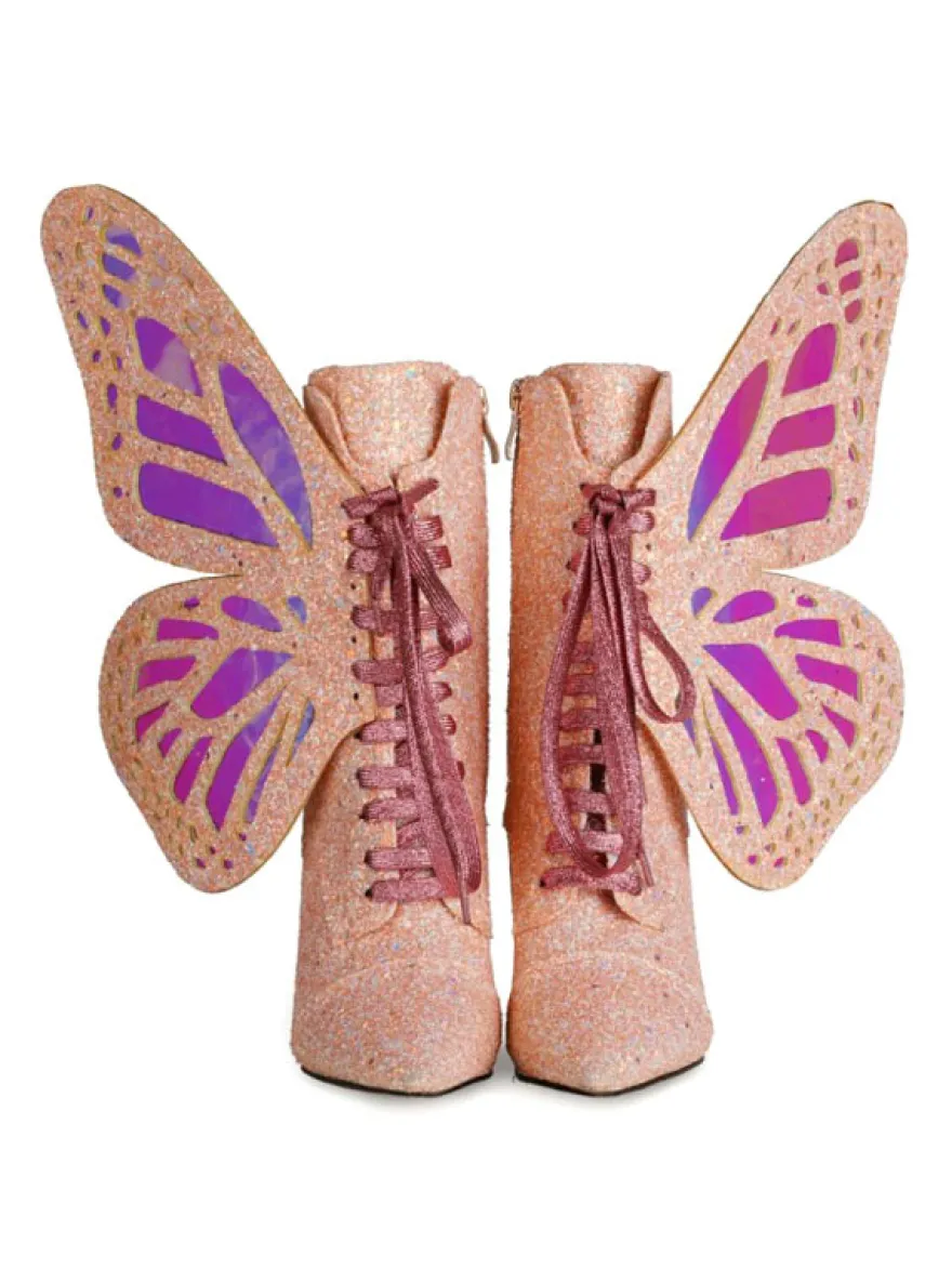 Botines femme bleue pailletes bout pointu talon haut à zip à lacet en forme de papillon ailes amovibles