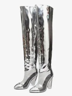 Bottes au-dessus du genou argentées bottes métalliques à bout pointu et talon épais cuissardes hautes
