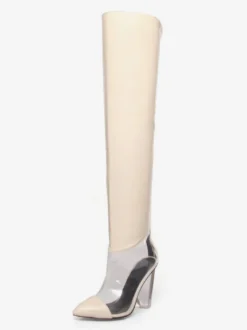 Bottes au-dessus du genou argentées bottes métalliques à bout pointu et talon épais cuissardes hautes