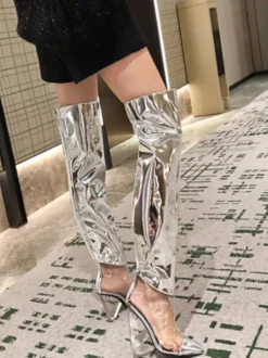 Bottes au-dessus du genou argentées bottes métalliques à bout pointu et talon épais cuissardes hautes