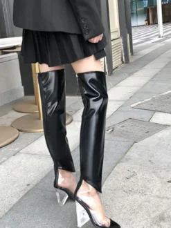 Bottes au-dessus du genou argentées bottes métalliques à bout pointu et talon épais cuissardes hautes