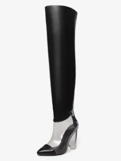 Bottes au-dessus du genou argentées bottes métalliques à bout pointu et talon épais cuissardes hautes
