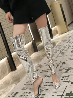 Bottes au-dessus du genou argentées bottes métalliques à bout pointu et talon épais cuissardes hautes