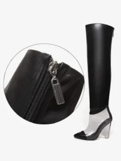 Bottes au-dessus du genou argentées bottes métalliques à bout pointu et talon épais cuissardes hautes