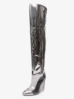 Bottes au-dessus du genou argentées bottes métalliques à bout pointu et talon épais cuissardes hautes