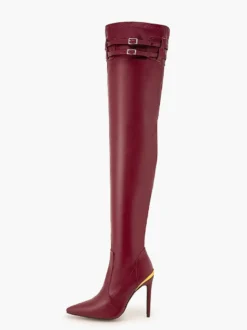 Bottes au-dessus du genou bordeaux à bout pointu avec boucle et talon aiguille bottes sexy à hauteur de cuisse