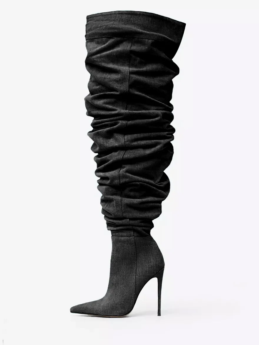 Bottes au-dessus du genou bottes hautes en denim bleu à bout pointu et à talons hauts
