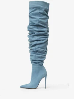 Bottes au-dessus du genou bottes hautes en denim bleu à bout pointu et à talons hauts