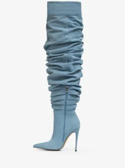 Bottes au-dessus du genou bottes hautes en denim bleu à bout pointu et à talons hauts