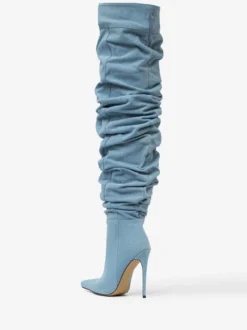 Bottes au-dessus du genou bottes hautes en denim bleu à bout pointu et à talons hauts