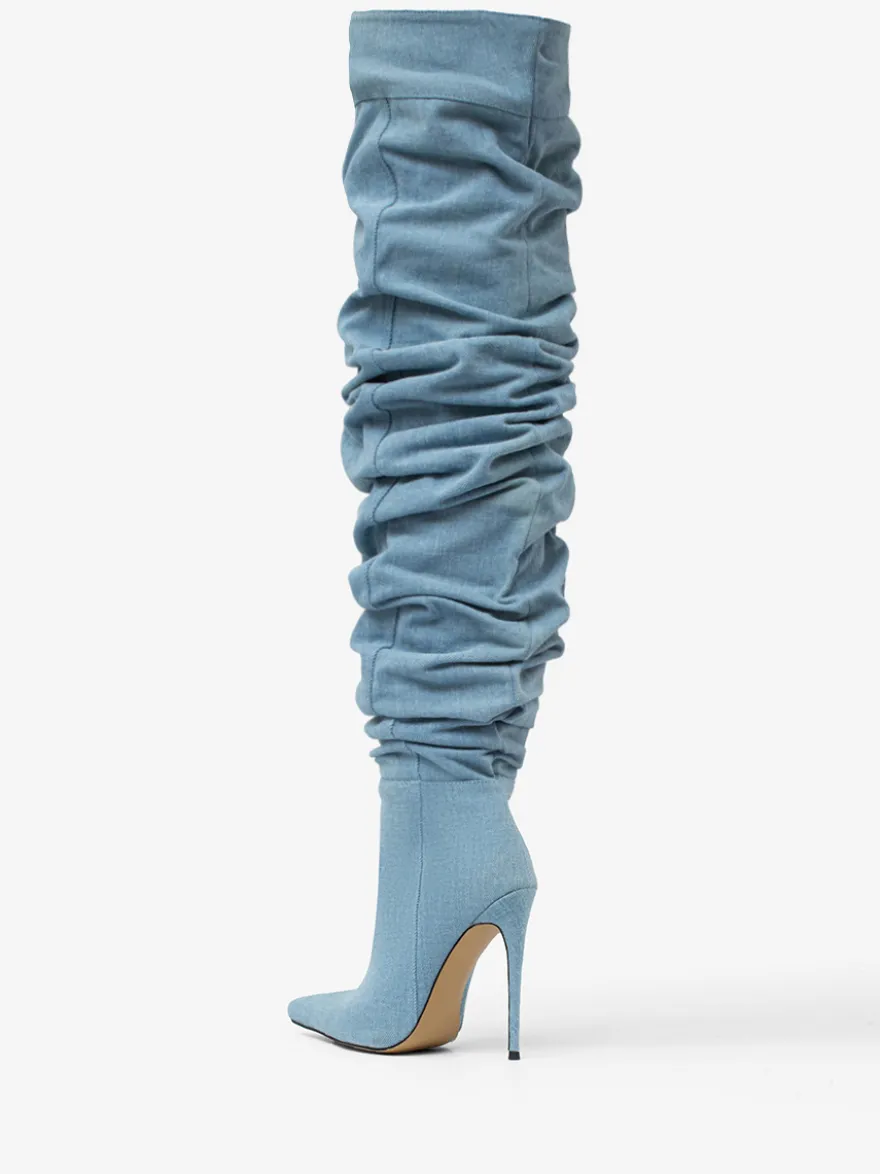 Bottes au-dessus du genou bottes hautes en denim bleu à bout pointu et à talons hauts