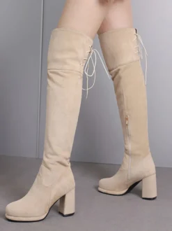 Bottes au-dessus du genou en micro-suède marron pour femmes bottes hautes à bout rond et talon épais