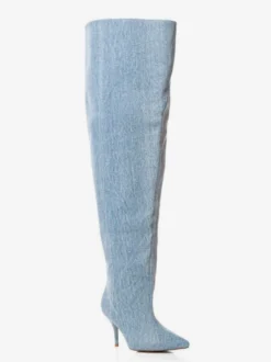 Bottes au-dessus du genou pour femmes bottes en jean à bout pointu mollet large cuissardes hautes