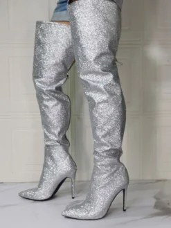 Bottes au-dessus du genou pour femmes bottes hautes en tissu à paillettes et talon aiguille