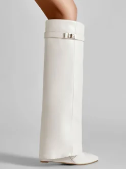 Bottes au genou pour femmes en cuir PU avec détails en métal Bottes hautes au genou