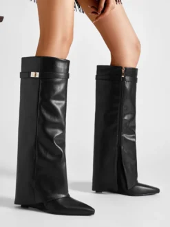 Bottes au genou pour femmes en cuir PU avec détails en métal Bottes hautes au genou