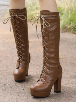 Bottes au genou pour femmes en cuir PU à talons épais Bottes hautes au genou