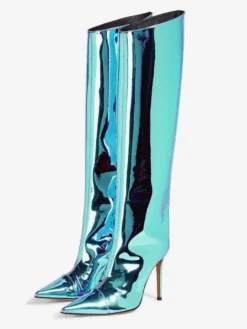 Bottes au genou pour femmes métalliques à bout pointu et talon aiguille bottes au genou