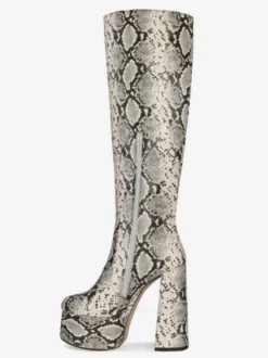 Bottes au genou Python bout rond imprimé serpent talon épais bottes au genou pour les femmes