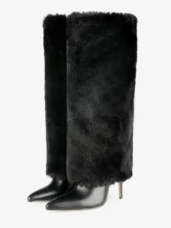 Bottes au Genou à Talons Hauts avec Bout Pointu en Cuir Synthétique Unicolore