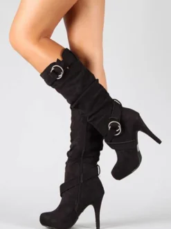 Bottes au Genou à Talons Hauts avec Bout Rond Unicolore