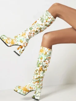 Bottes au Genou à Talons Hauts Femme Imprimés avec Bout Rond
