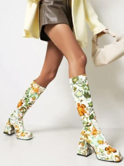 Bottes au Genou à Talons Hauts Femme Imprimés avec Bout Rond