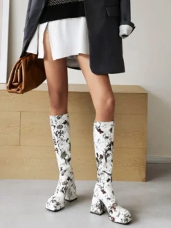 Bottes au Genou à Talons Hauts Femme Imprimés avec Bout Rond