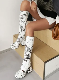 Bottes au Genou à Talons Hauts Femme Imprimés avec Bout Rond