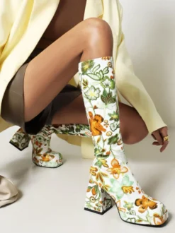 Bottes au Genou à Talons Hauts Femme Imprimés avec Bout Rond