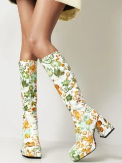 Bottes au Genou à Talons Hauts Femme Imprimés avec Bout Rond