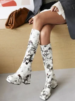 Bottes au Genou à Talons Hauts Femme Imprimés avec Bout Rond