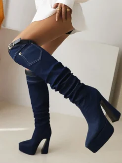 Bottes au Genou à Talons Hauts Femme avec Bout Pointu Unicolore