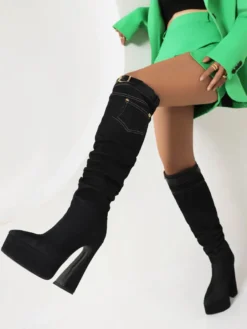Bottes au Genou à Talons Hauts Femme avec Bout Pointu Unicolore