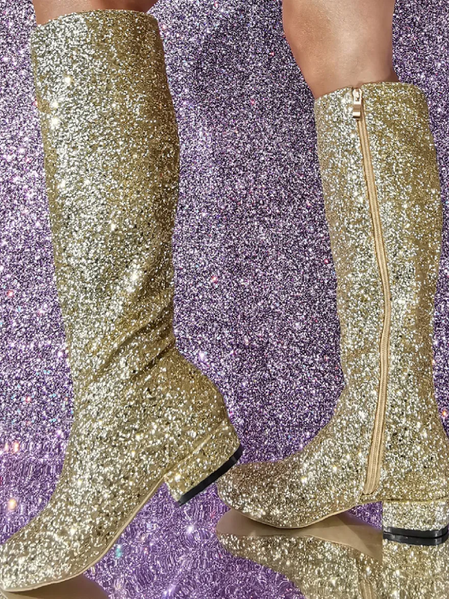 Bottes Aux Genoux En Tissu À Paillettes Pour Femmes Talon Carrée Talon Bas