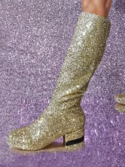 Bottes Aux Genoux En Tissu À Paillettes Pour Femmes Talon Carrée Talon Bas