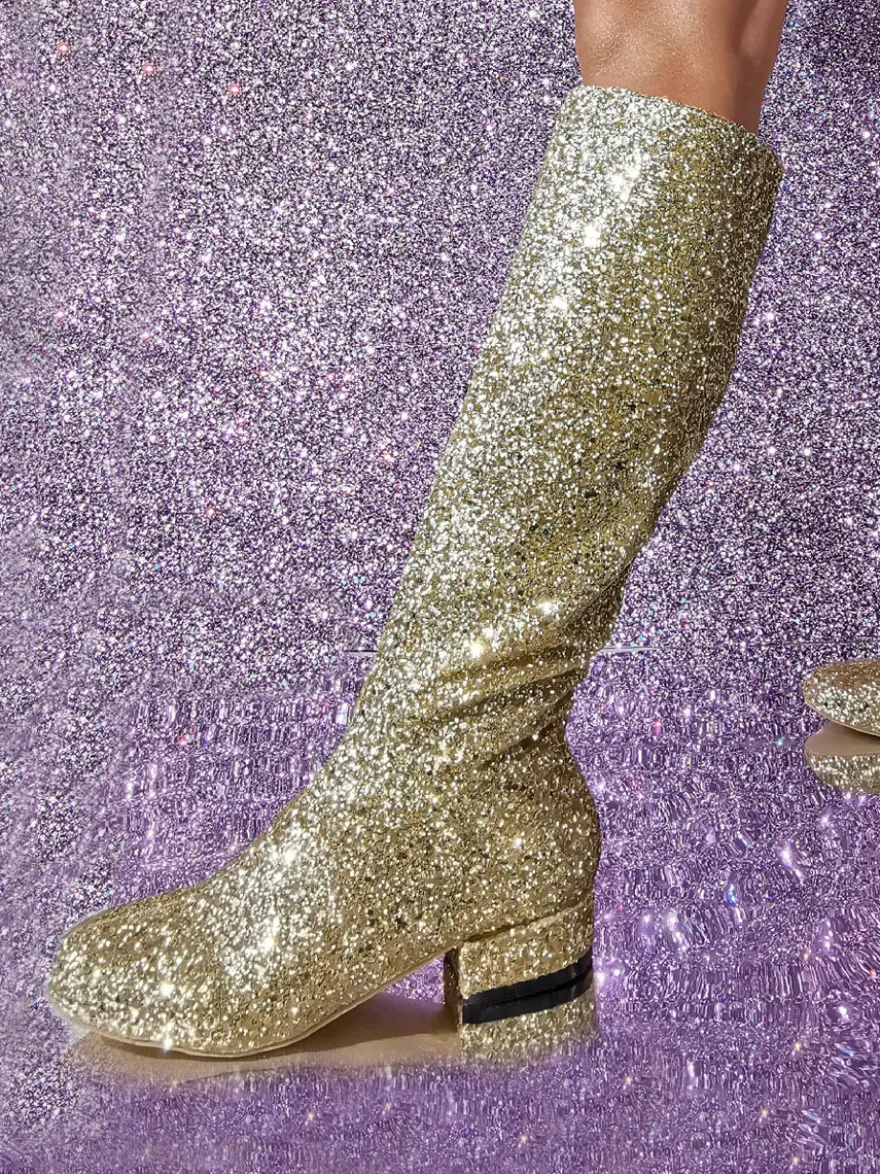 Bottes Aux Genoux En Tissu À Paillettes Pour Femmes Talon Carrée Talon Bas