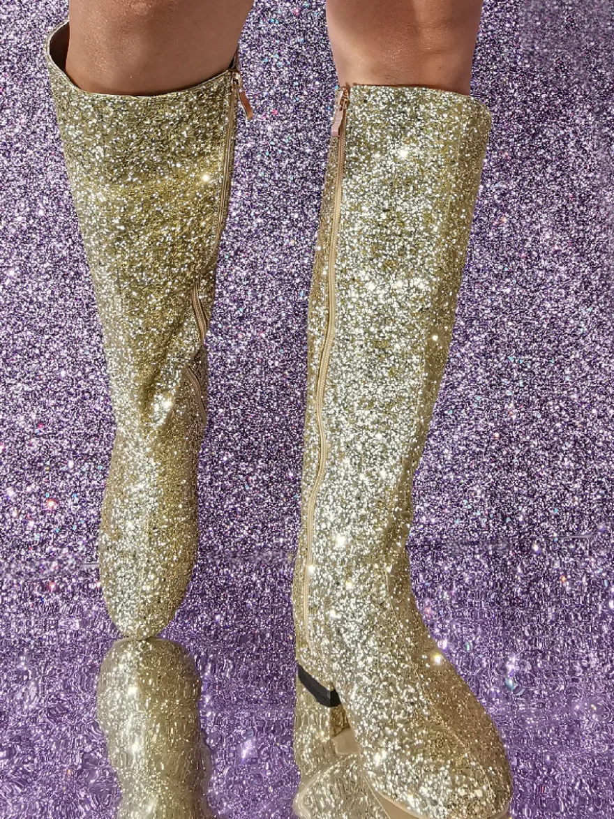 Bottes Aux Genoux En Tissu À Paillettes Pour Femmes Talon Carrée Talon Bas