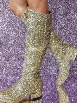 Bottes Aux Genoux En Tissu À Paillettes Pour Femmes Talon Carrée Talon Bas