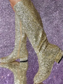 Bottes Aux Genoux En Tissu À Paillettes Pour Femmes Talon Carrée Talon Bas
