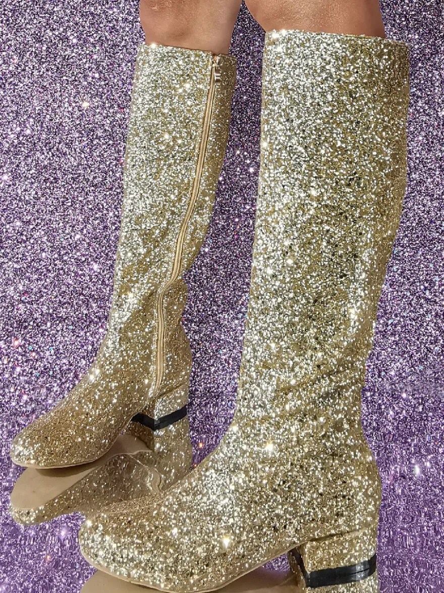 Bottes Aux Genoux En Tissu À Paillettes Pour Femmes Talon Carrée Talon Bas