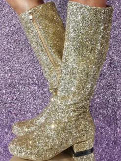 Bottes Aux Genoux En Tissu À Paillettes Pour Femmes Talon Carrée Talon Bas