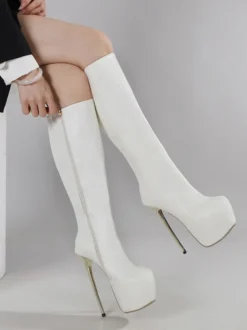 Bottes blanches sexy à plateforme et fermeture éclair jusqu'aux genoux