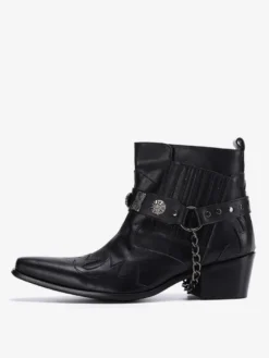 Bottes à bout pointu noires pour hommes talons moyens chaînes décoratives bottines